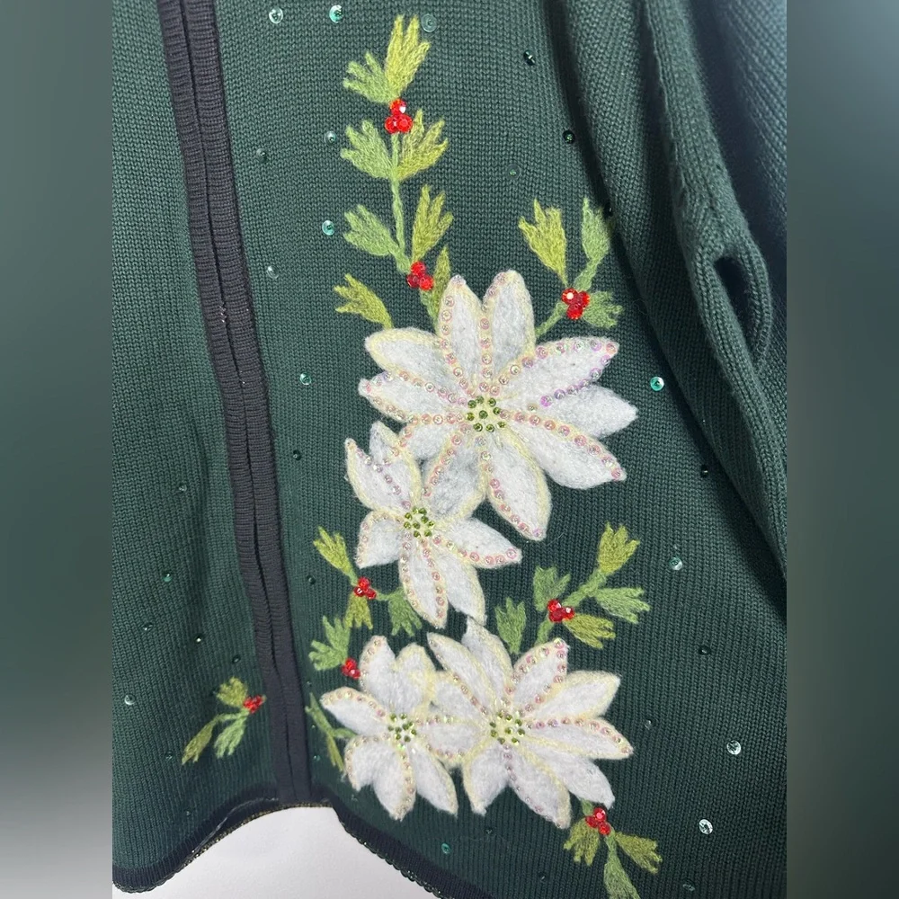Quacker Factory Dark Green Pointsettia Zip Up Cardigan Sequins sz 3x Christmas
